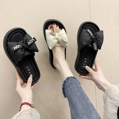Женские летние шлепанцы на плоской подошве, новые, с бантом из стразов, повседневные, для пляжа, крутые шлепанцы