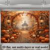 Background fabric depicting a harvest of pumpkins in autumn with a wooden carriage loaded with pumpkins.