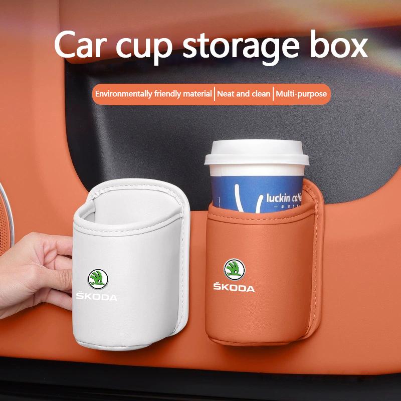 HIAQ2 Leather Car Door Side Water Cup Holder Interior Storage Box For Skoda Superb Octavia Rapid Karoq Enyaq Fabia Kamiq Yeti Scala