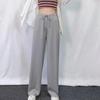 Women Casual Pants Elastic Drawstring High Waist Wide Leg Long Trousers Solid Color