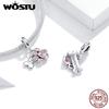 WOSTU Real 925 Sterling Silver Dog Paw Footprint Bead Pink Zircon Bone Charm Fit Original Bracelet Pendant Jewelry
