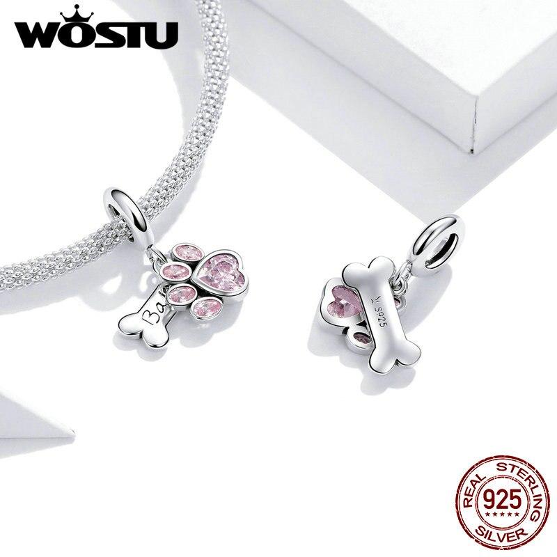 WOSTU Real 925 Sterling Silver Dog Paw Footprint Bead Pink Zircon Bone Charm Fit Original Bracelet Pendant Jewelry