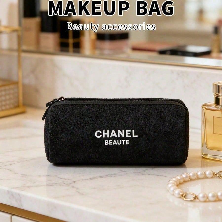 Черная Цилиндрическая Косметичка CHANEL BEAUTE, Пенал-Косметичка на Молнии, Аксессуар для Макияжа от Люксового Бренда