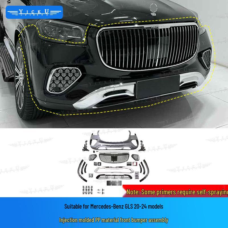 Compatible Mercedes-Benz GLS Maybach Body Kit: Grille, Bumpers, Rear Lip, Tailpipes, Fog Light Surrounds.