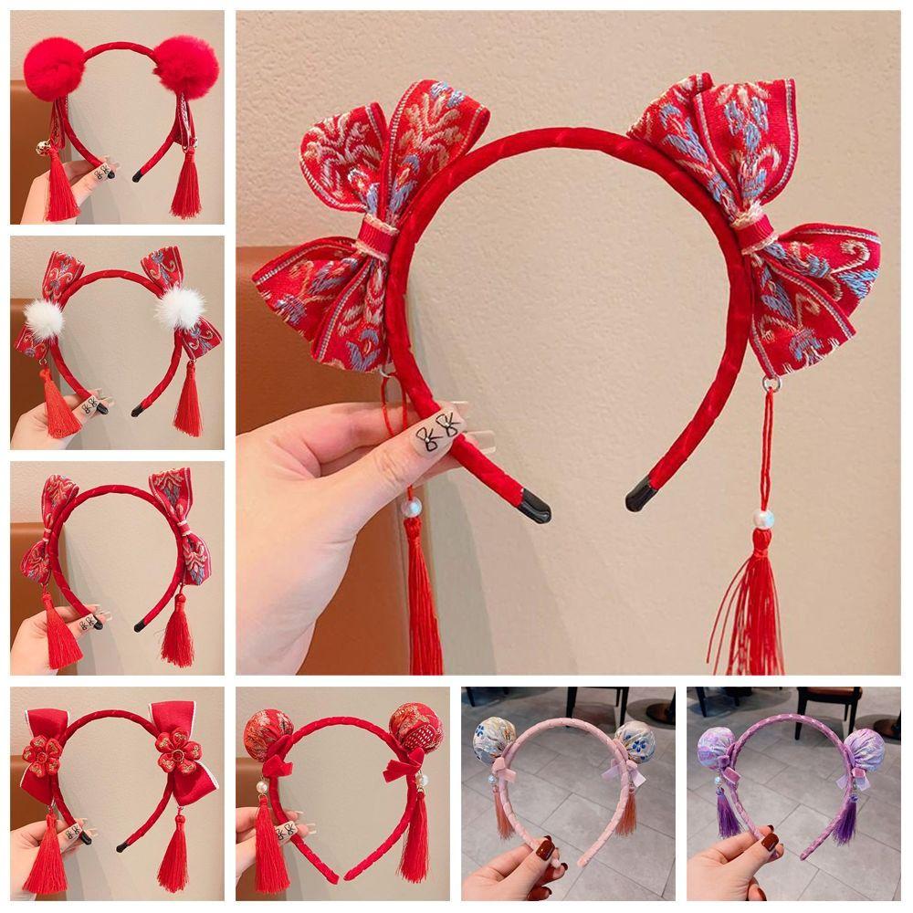 Tassel Chinese New Year Headwear Plush Ball Red Hairband Sweet Hanfu Hair Bun Hair Hoop Children