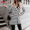Women's Fashion Plaid Houndstooth Printing Long Jacket Lapel Trench Coat Overcoat Winter Wool Coat Women Abrigos Mujer