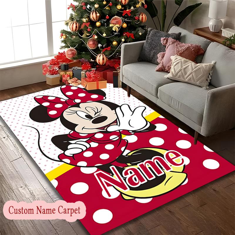 1pc Indoor Rug - Machine Washable Large Floor Mat with Minnie Mouse Pink Flowers Heart Design, Customize Name Area Carpet
