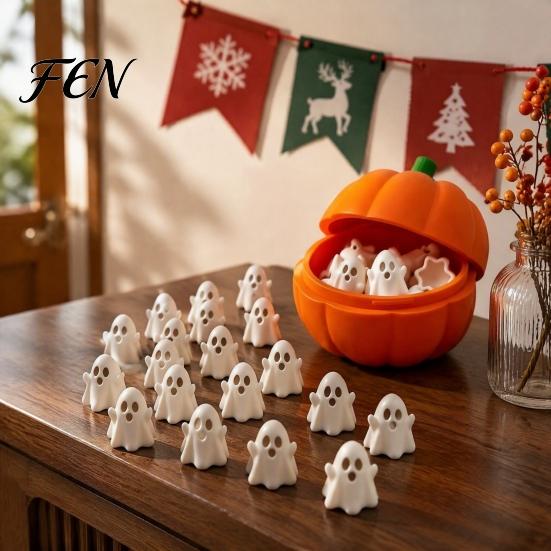 Creative Pumpkin Container Bucket with Mini Ghosts, Halloween Candy Bowl, Cute Ghost Gift for Kids Figurines, Party Snack Holder Farmhouse Home Table