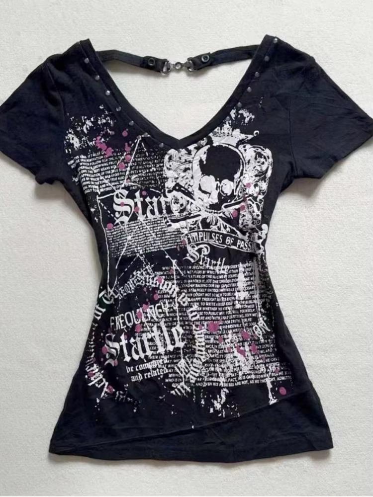 Летние поддельные две части бретелька через шею бандаж винтажные футболки Y2k эстетика тонкий укороченный топ женский гранж принт Harajuku повседневная сексуальная футболка