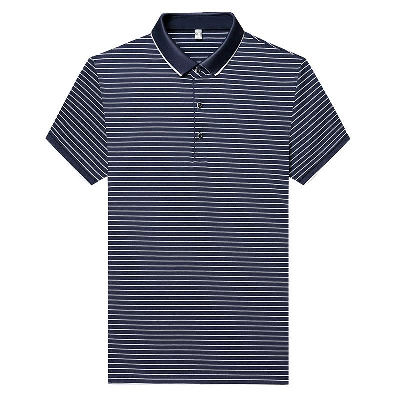 Мужская полосатая рубашка поло с коротким рукавом, деловая повседневная футболка среднего размера с синими лацканами и коротким рукавом