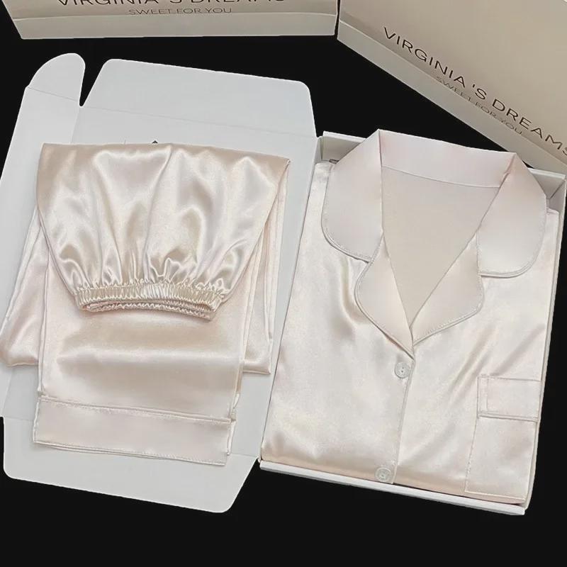 Женский пижамный комплект с длинными рукавами из шелка Ice Silk - легкий кардиган на весну и осень