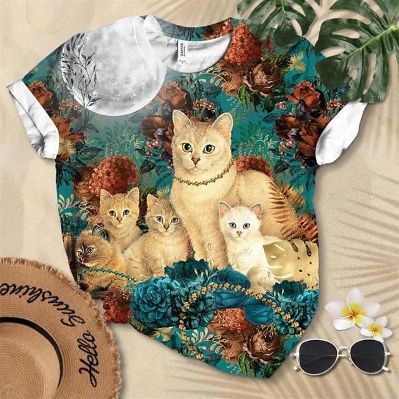 Summer Women's Fashion Short Sleeve T-shirt Cat 3D Print Hot Sale Streetwear Female Shirt O-Neck Regular Casual Blouse