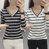 "2025 Spring/Autumn Women's Plus Size V-Neck Striped Long-Sleeve T-Shirt - Korean Style for Students"