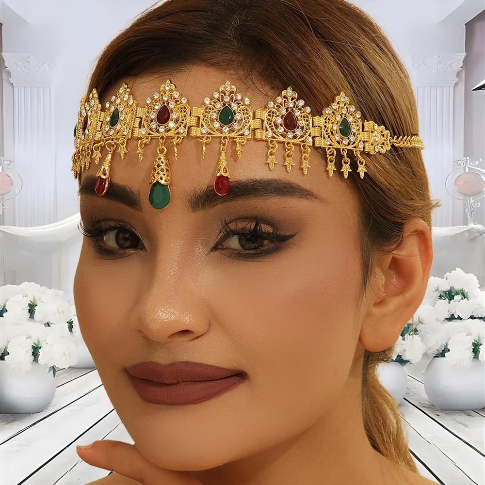 Arab Bride Head Jewelry Gold Color Alloy Hollow Carved Rhinestone Crystal Water Droplet Tassel Head Chain