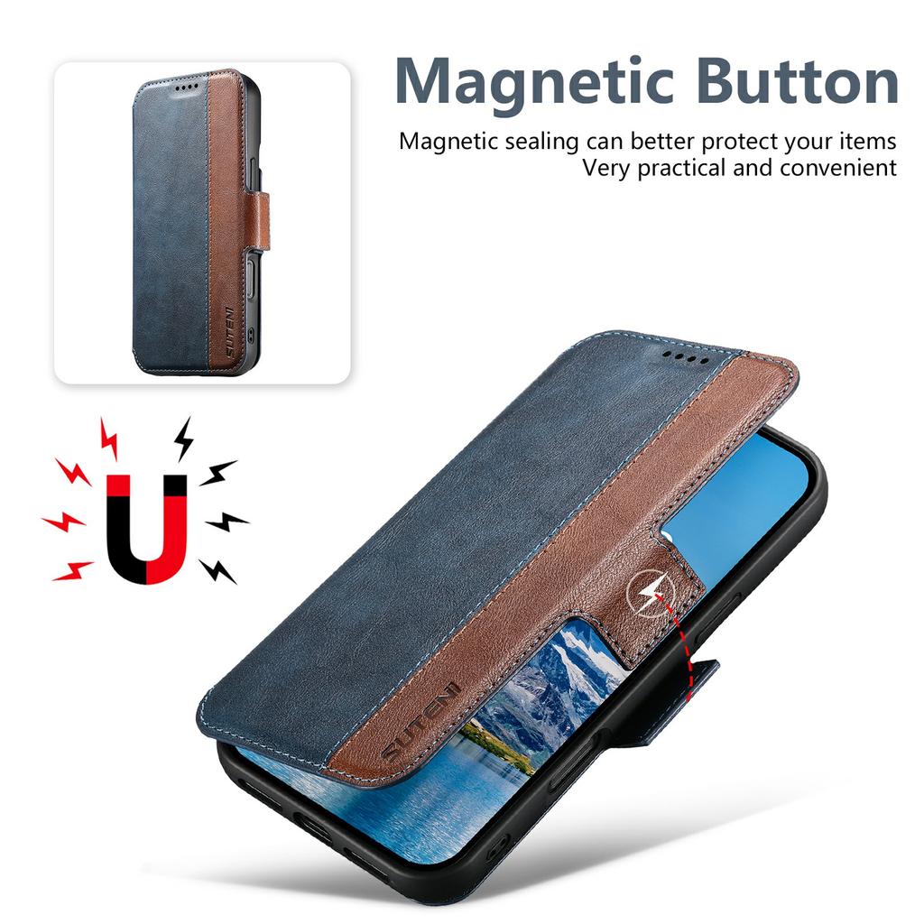 SUTENI Q-07 For iPhone 17 Case Magnetic Color Splicing Cowhide Texture Leather Cover