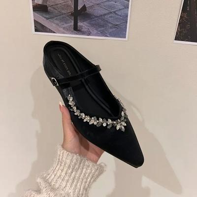 Модные серебристые атласные туфли-лодочки на высоком каблуке, летние сандалии со стразами и плоским ремешком, обувь средней высоты, весенние туфли на низком каблуке, с открытой пяткой, женская обувь