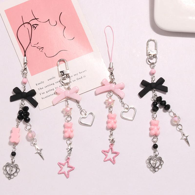 Goth Y2K Phone Charm Bow Keychain Pendant Kawaii Key Chain Bag For Girls Women Guitar Strap Lanyard Beaded Keychain Pendant