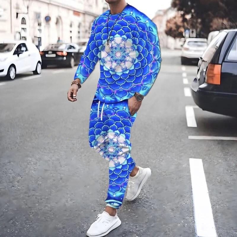 New Fashion Men's Two-piece Sportswear 3D Printed Long Sleeved T-shirt Set Street Casual Two-piece Men's T-shirt Set