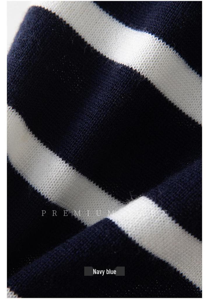 Black & White Striped Women's 100% Wool Long-Sleeve Round Neck Top