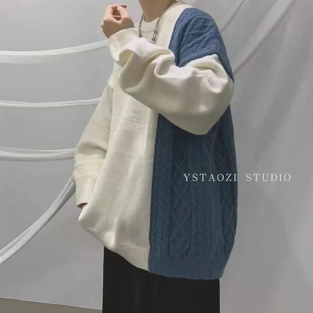 Контрастный свитер в стиле ретро в Гонконге — модная свободная вязка для мужчин на осень/зиму