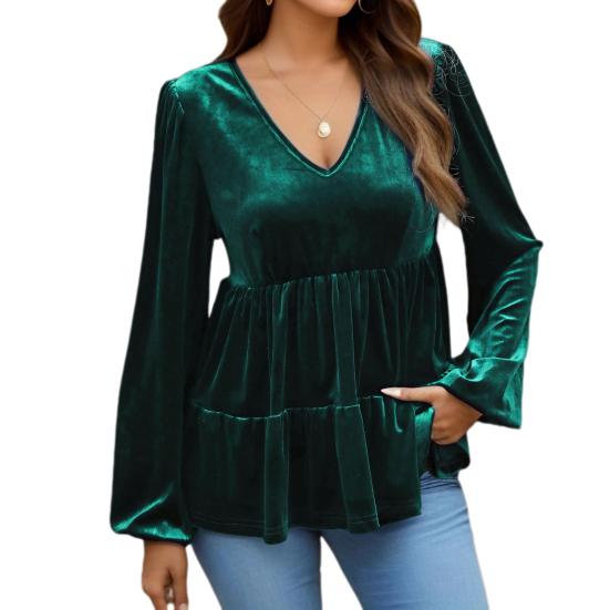 Женские топы с V-образным вырезом, фонарики, длинные рукава, однотонные пуловеры, топы с оборками и строчкой по низу