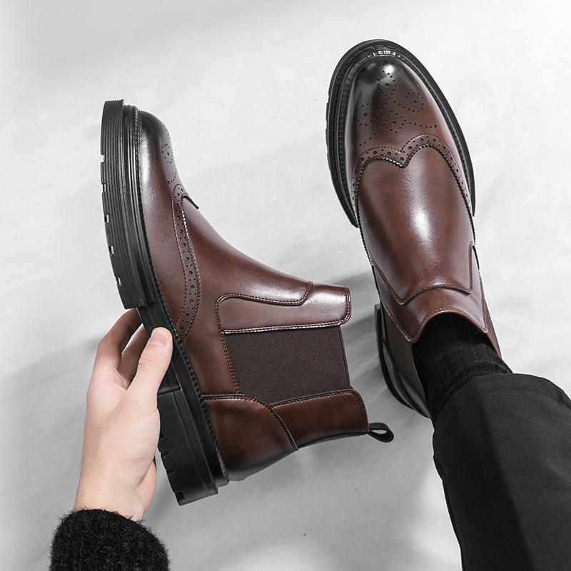 Fashion Autumn Winter Men's High Top Chelsea Boots Men Casual Leather Boots Quality Rubber Thick Soled Comfortable Business Office Boots
