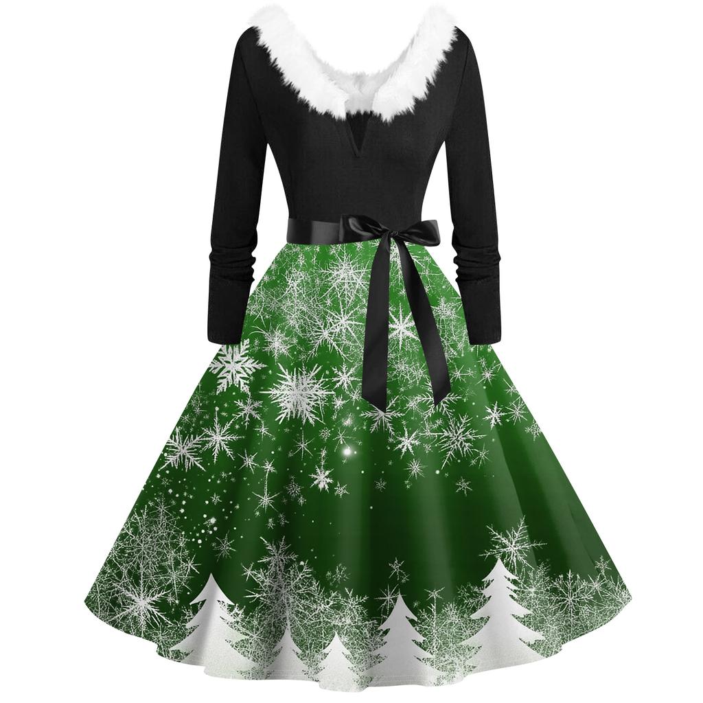 Женская мода с v-образным вырезом, повседневные тонкие рождественские платья с воротником из волос и длинными рукавами с принтом