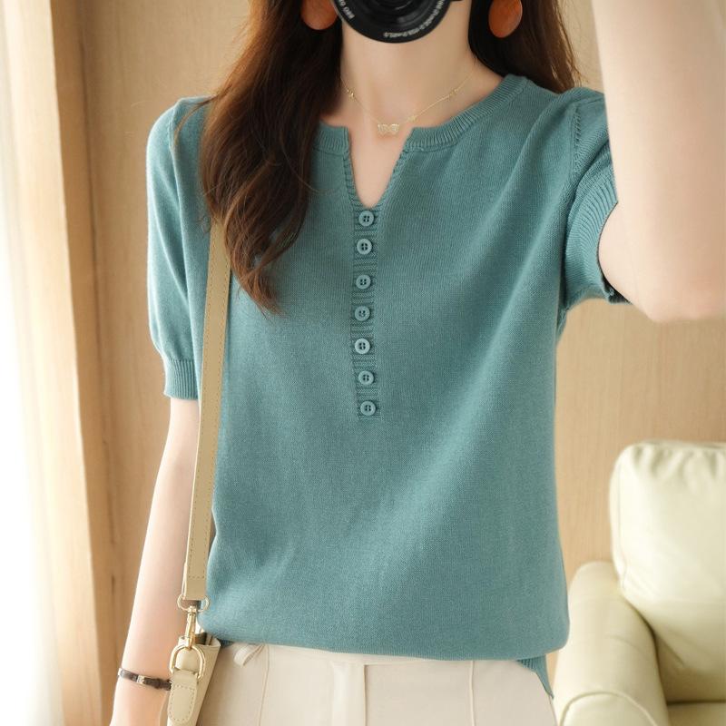 Новая летняя женская футболка с короткими рукавами, свободная тонкая трикотажная футболка с v-образным вырезом, универсальные тонкие топы с короткими рукавами на тонких пуговицах