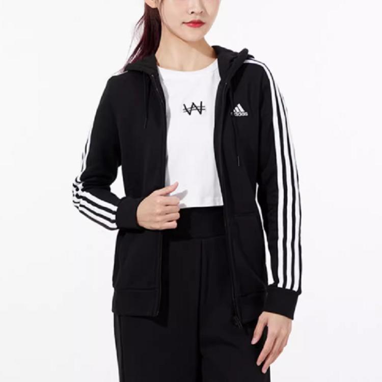 adidas Спортивная вязаная куртка с капюшоном на флисовой подкладке с боковой полосой, женская верхняя одежда, черный GM5567