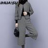 Women's Autumn and Winter Two-piece Suit Pants, Checkered Woolen Coat, Wide-leg Pants, Casual and Fashionable Women's Set
