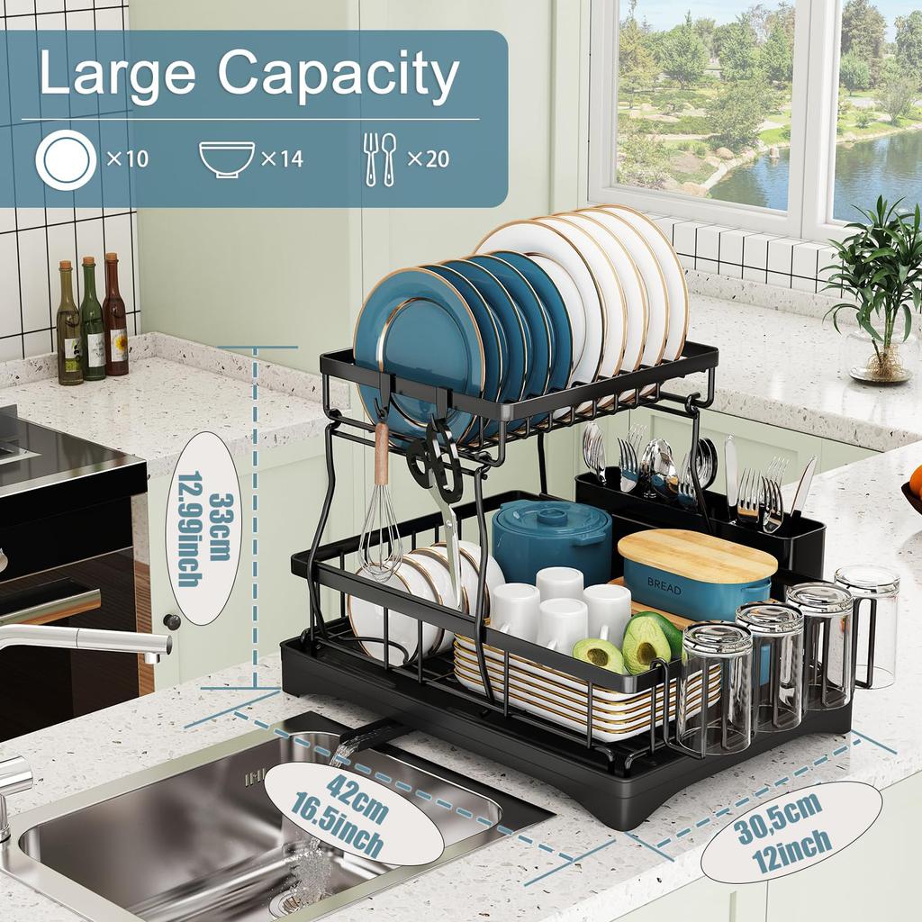 Сушилка для посуды, 2-х уровневые сушилки для посуды для кухонной стойки, большая сушилка для посуды из нержавеющей стали с крылом для сушки,