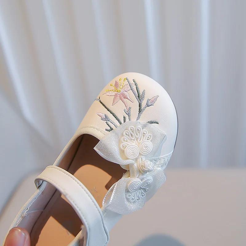 Туфли на плоской подошве для девочек с сетчатым узлом, детские вышитые кожаные туфли для вечеринки, свадьбы, детские элегантные туфли принцессы для темперамента