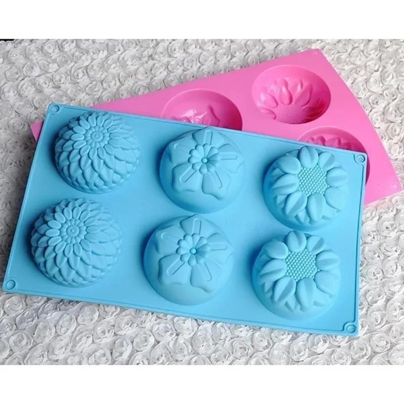 Silicone Cake Mold Handmade Soap Mold 6 Grids 3 Different Flowers Pastry Baking Utensils DIY Mold Random Colors