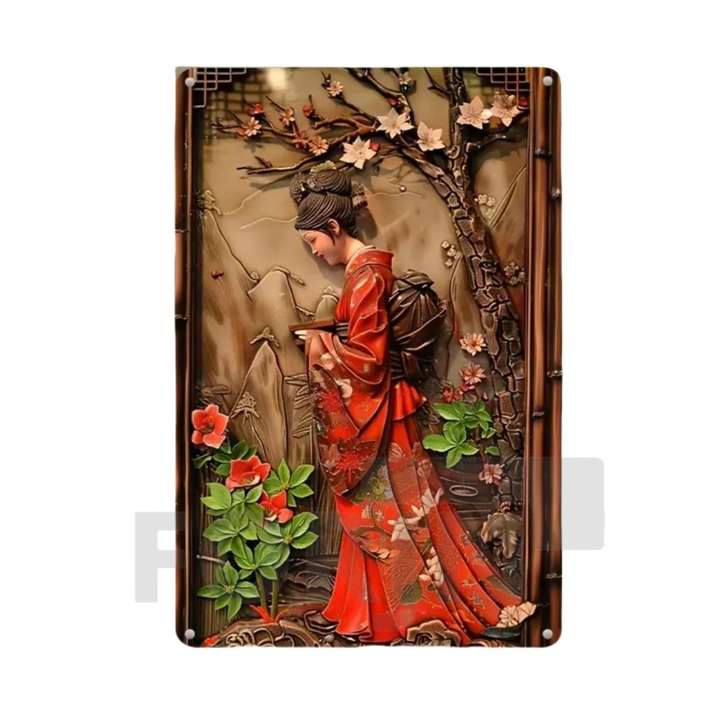 Японская гейша кимоно металлический знак, 2D элегантный японский постер с цветущей вишней, для дома, комнаты, офиса, идзакая, кафе, студии настенный декор