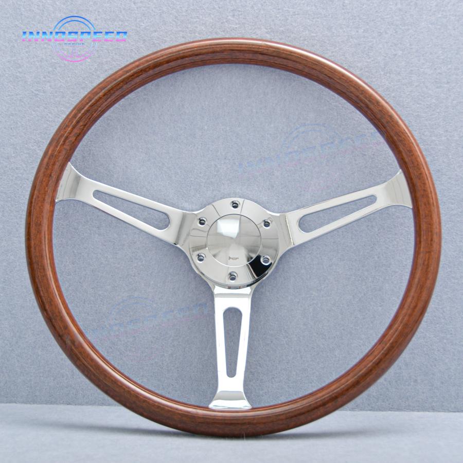 15Inch Imitation Wood Sport Steering Wheel Chrome Spoke Universal Modified Deep Corn Classic Wooden Steering Wheel for Racing