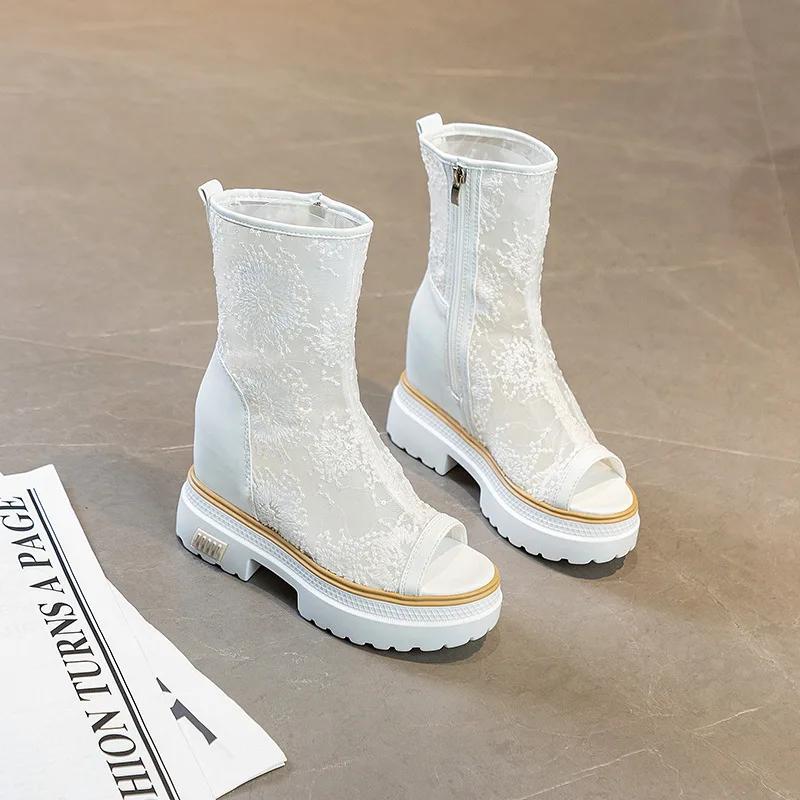 Модные модные роскошные белые кружевные сапоги женские летние высокие сапоги женские повседневные туфли на плоской платформе Botas De Mujer