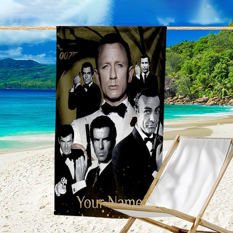Custom Name Beach Towel James Bond Movie Collage Beach Towel, Soft Microfiber, Gift for Her/Him, Birthday, for Pool, Beach, Travel, Fan gifts