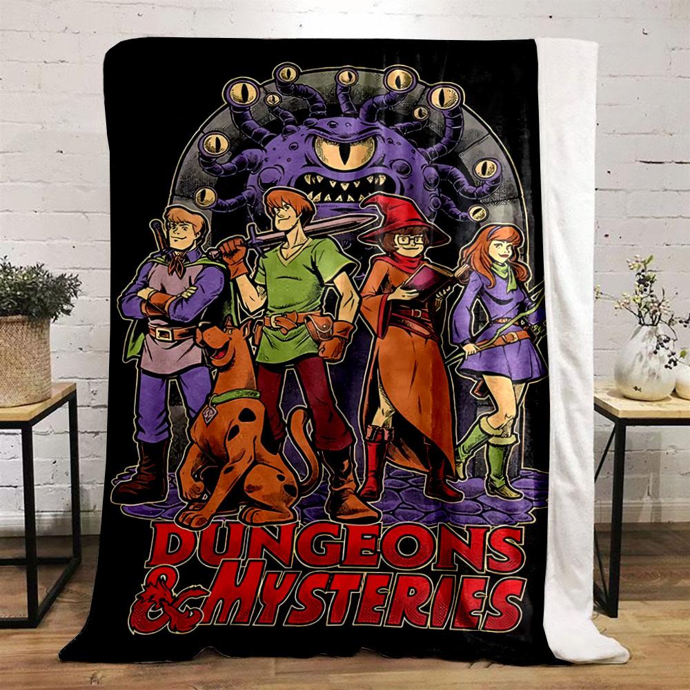 Fantasy-themed characters and monster with text "Dungeons & Mysteries". for all seasons blanket lunch break throw gift
