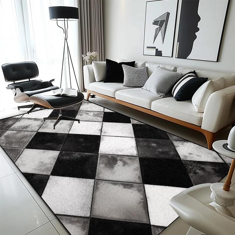 Современный геометрический клетчатый ковер для гостиной, домашнее украшение, мягкие ковры большой площади, спальня, нескользящие моющиеся прикроватные напольные коврики