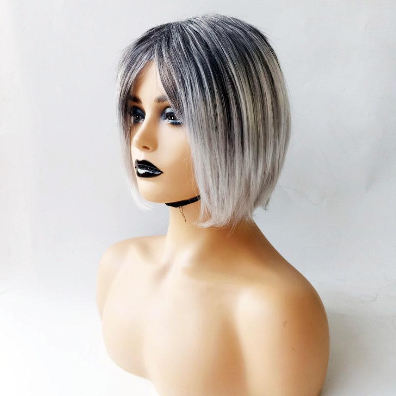 Парик женский с короткими волосами европейский и американский химический волокнистый головной убор женский черный серый постепенное изменение цвета бобо короткий прямой парик из волос
