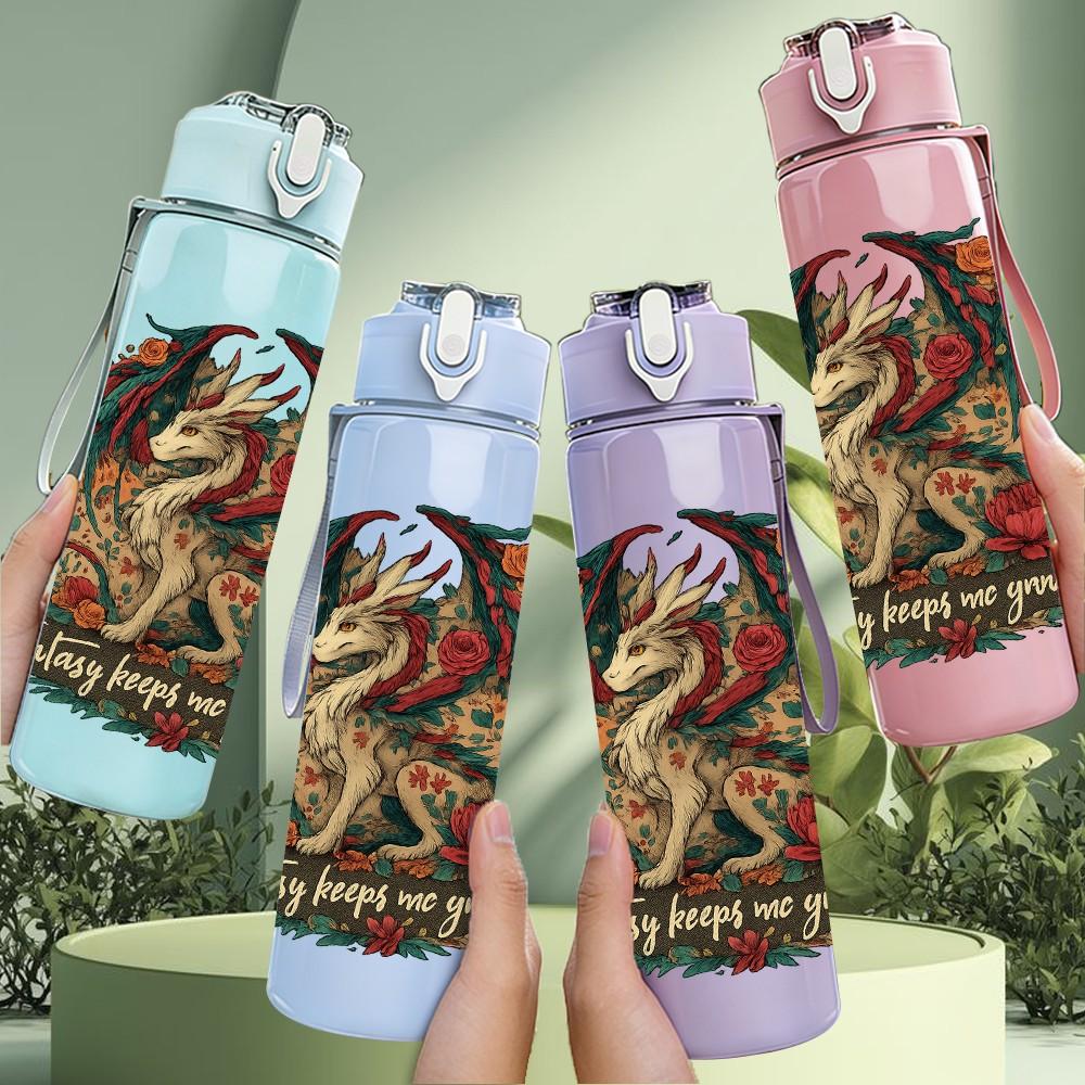 1PC Floral Circle Dragon Emblem 750ml Color Plastic Sports Water Bottle Leakproof Flip Straw Lid Suitable for Sports Office Home Use