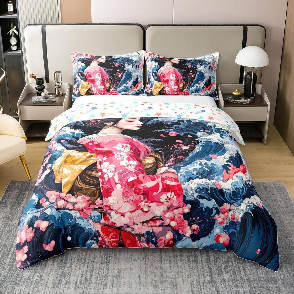 Japanese Ukiyoe Theme Duvet Cover Queen King Size Printed Bedding Set Kids Bedroom Decor Japanese Style 3 Pcs With 2 Pillowcases