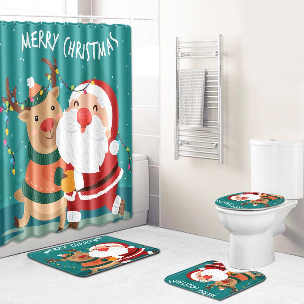 Christmas Shower Curtain Polyester Cloth Toilet Seat Four-Piece Set Entrance Door Mat Bedroom Living Room Floor Mat Carpet