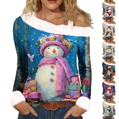 Женская повседневная модная сексуальная футболка с открытыми плечами, рождественским узором, длинным рукавом и круглым вырезом