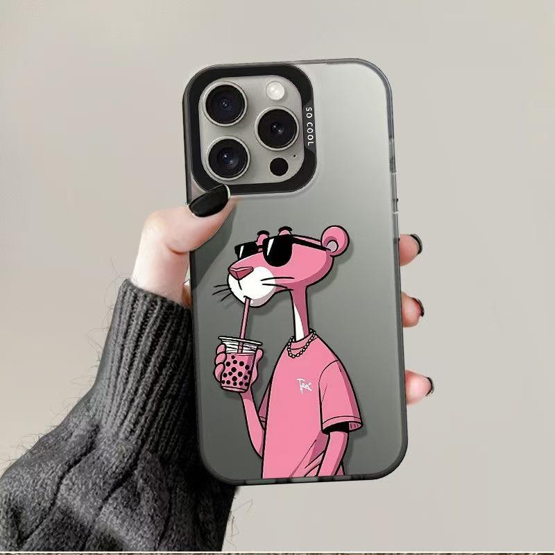 Розовая Леопардовая Чехол для iPhone с Молочным Чаем для 15Pro Max, 16Pro, 13Pro, Модный Мультяшный Дизайн