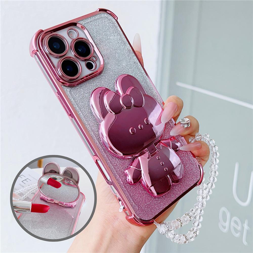 Glitter Shockproof Phone Case For Motorola Moto G10 G20 G30 G84 G54 G82 5G G52 G71S Mirror Rabbit Stand Crystal Chain Soft Cover