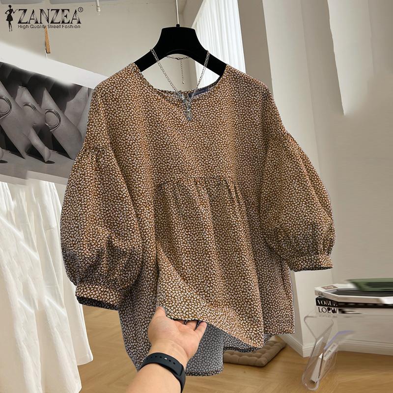 ZANZEA Женская повседневная свободная блузка с круглым вырезом и рукавами 3/4 с цветочным принтом