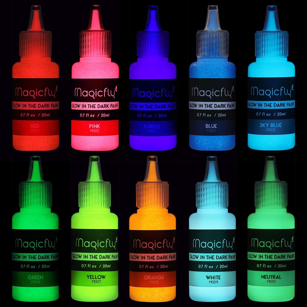Magicfly Acrylic Glow In the Acrylic 10 Color Acrylic Can Be Painted On Quick Coloring Art Paint, Dark, Pigment, Luminous, Set, Color, 20ml,