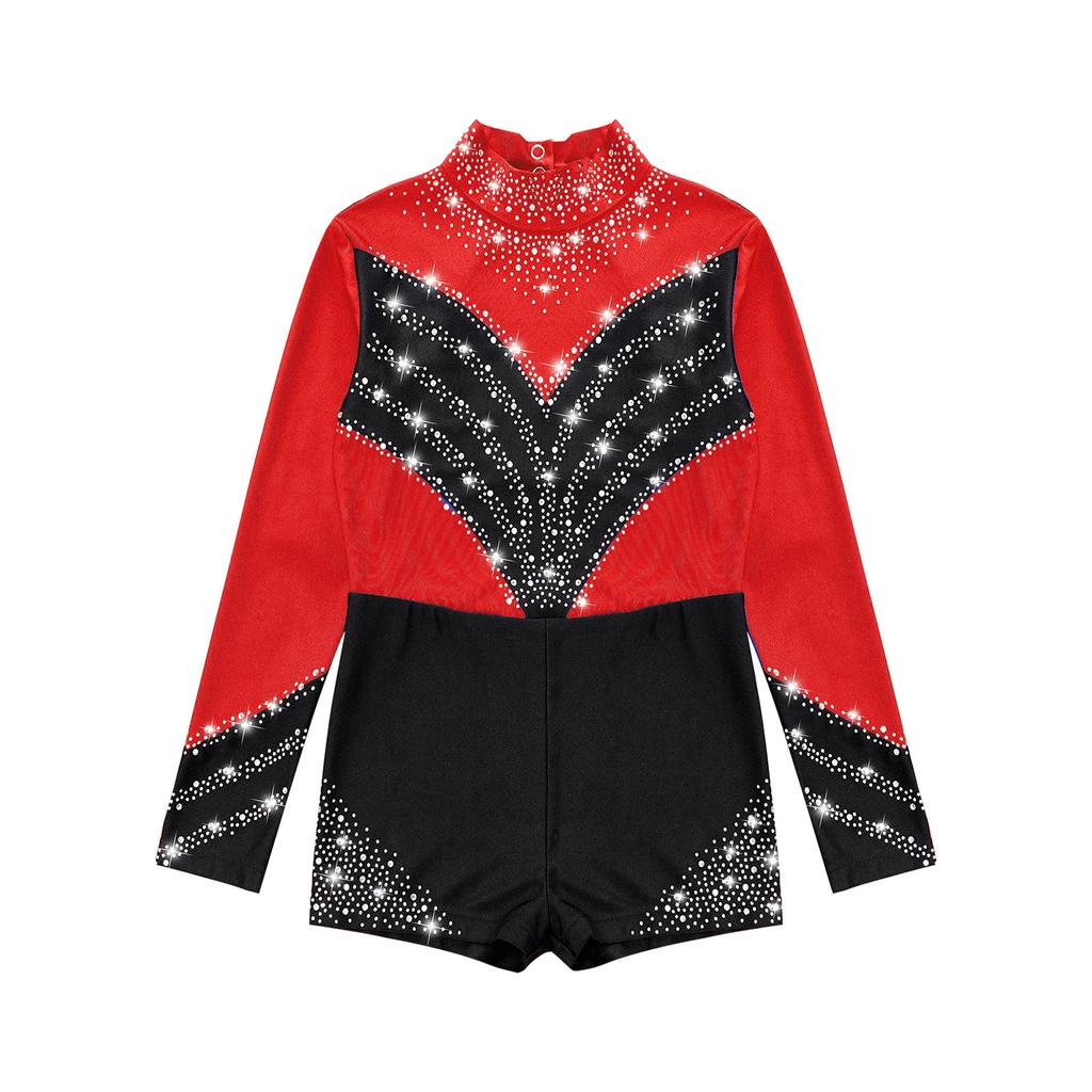 Танцевальный комбинезон для девочек контрастного цвета с открытой спиной и блестящими бриллиантовыми украшениями для соревнований