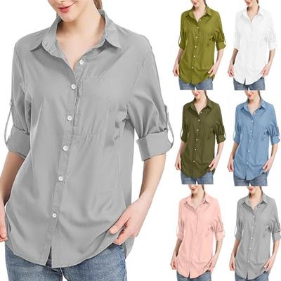 Женская модная однотонная свободная повседневная рубашка с длинным рукавом и пуговицами